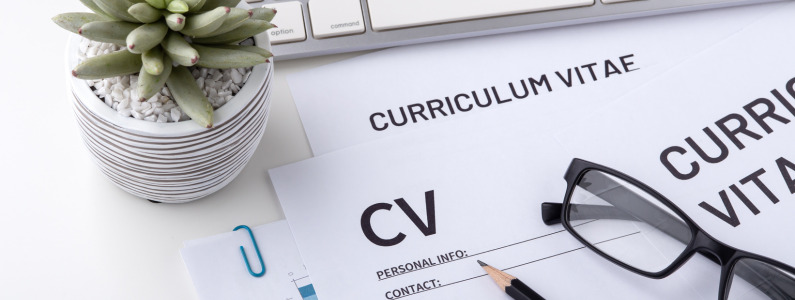 picture of CV on a desk with a pair of glasses and plant