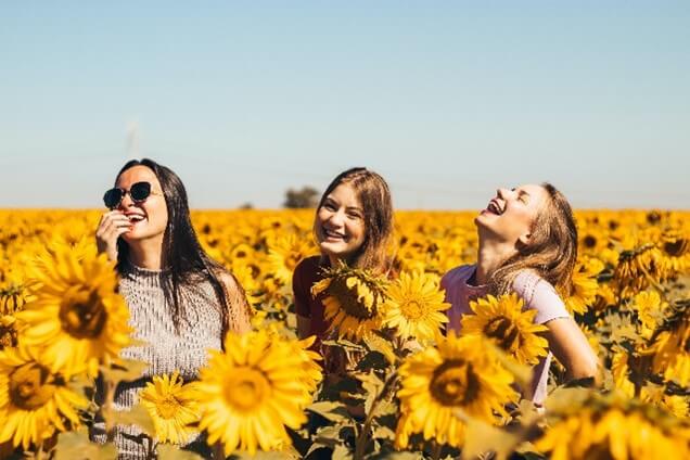 three girls smiling and laughing in a sunflower field